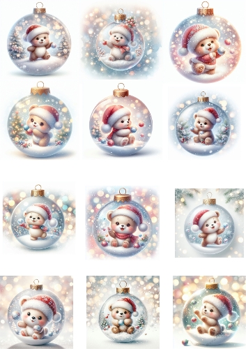 Collection of 12 Christmas Ornaments – Cute Cartoon Bears in Snow Globes