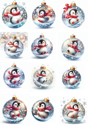 Set of 12 Whimsical Christmas Penguin Baubles