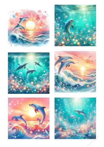 Watercolor Bokeh Dolphin Collage – Dreamy A4 Design in Blue, Turquoise & Pink