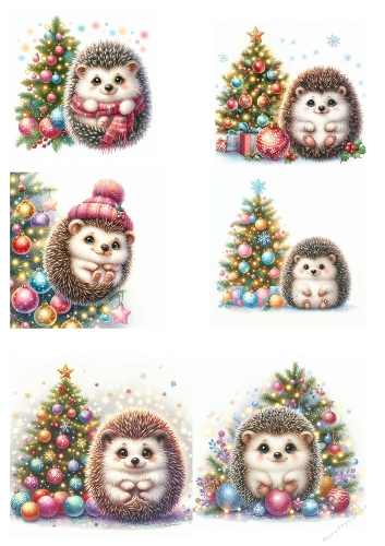 Watercolor Christmas Hedgehog Collage – Festive Hedgehogs with Gifts, Baubles & Santa Hats