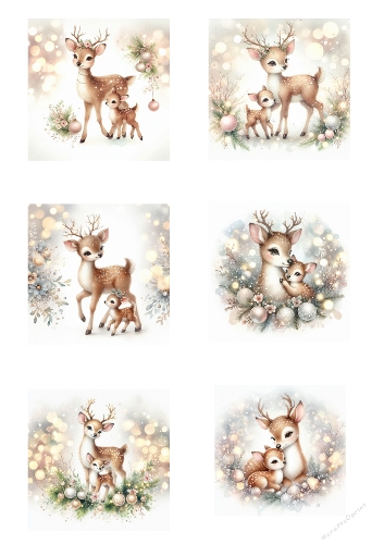 Watercolor Christmas Deer Collage – Mother and Baby Deer with Gifts, Baubles & Santa Hats