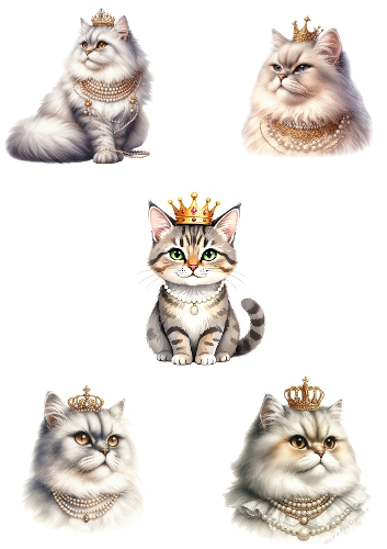 Royal Cats in Watercolor – Elegant Five-Cat Portrait with Crowns & Pearls