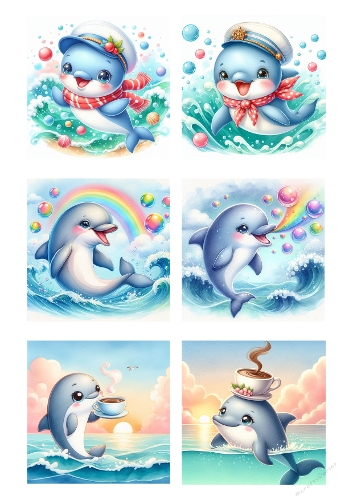 Set of 6 Cute Watercolor Dolphins – Vibrant Ocean Illustrations on White Background