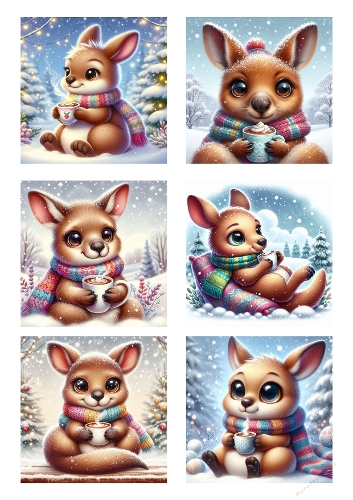 Christmas Kangaroo Watercolor Kit – 6 Adorable Baby Kangaroo Illustrations on A4