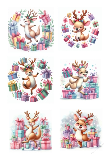 Cute Watercolor Reindeer – Festive Cartoon Illustration with Christmas Gifts