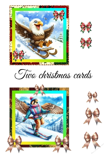 3D Christmas Skiing Cards – Cute Bald Eagle & Owl in Whimsical Holiday Scenes