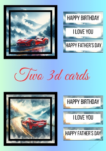 3D Sports Car Cards – Mountain Drive & Cloud Racer with Greeting Labels
