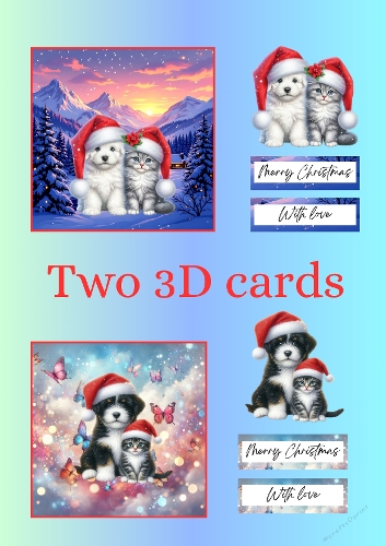 3D Christmas Cards – Adorable Puppy & Kitten in Santa Hats, Snowy Holiday Scene