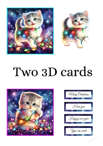 Cute Christmas Kitten Card – Adorable Cat Wrapped in Lights, Festive Cartoon Style