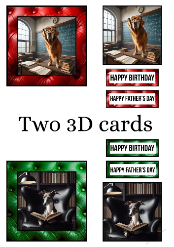 3D Dog Greeting Cards Set – Golden Retriever Classroom & Grey Dog Library – Perfect for Fathers Day or Birthday