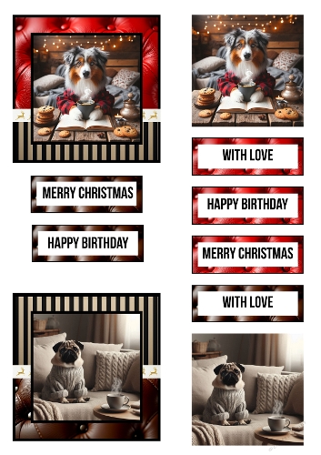 2 Adorable 3D Cards – Australian Shepherd Puppy Reading a Book, Festive Holiday Theme