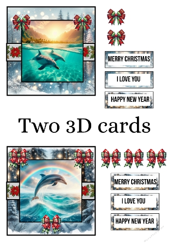 3D Christmas Card with Dolphins in the Ocean – Festive Frame with Roses, Bows, and Holiday Labels