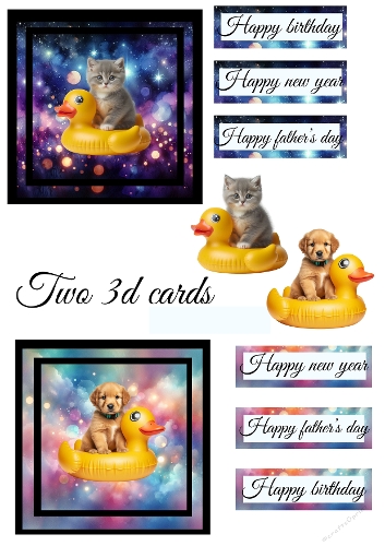 Cute 3D Kitten and Puppy on Yellow Duck Cards with Bokeh
