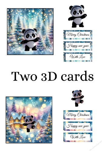 Cute 3D Panda Christmas Cards with Winter Forest and Snowy House
