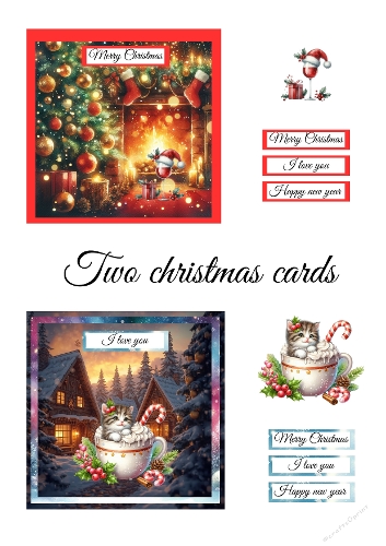Watercolor Christmas Cards with Tree, Santa, and Cats in Bowls