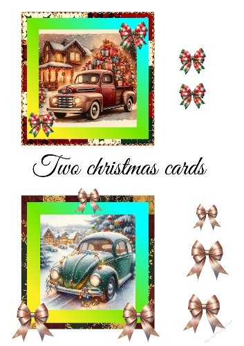 Vintage Christmas Cars – Set of Two Festive Cards with Snowy Landscapes and Cozy Homes