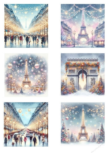 Paris Landmarks Watercolor Collage – Eiffel Tower, Arc de Triomphe, and Champs-Élysées
