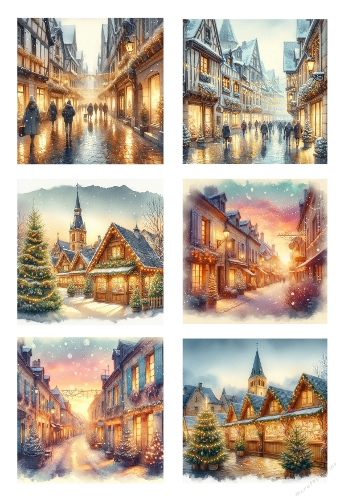 Bergerac Christmas Streets – Watercolor Collage of Festive Winter Scenes in France