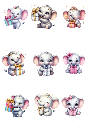 Baby Elephants with Gifts – Festive Illustration Set