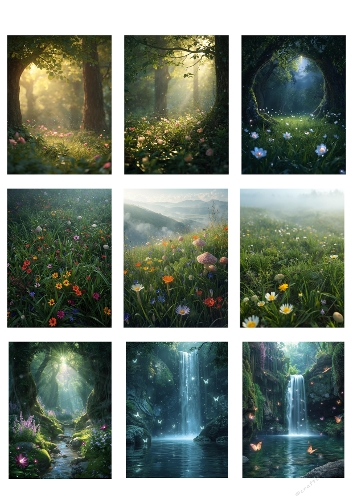 Fantasy Nature Collage – Magical Forest and Waterfall 3D Decoupage Cardmaking Sheet