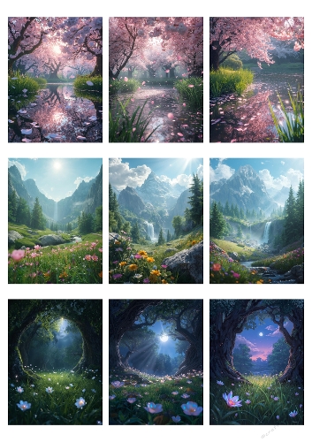 Fantasy Nature Collage – Cherry Blossoms, Mountains and Enchanted Forests 3D Decoupage Sheet