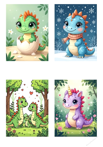 Cute Baby Dinosaur Clipart – 4 Fantasy Cartoon Illustrations for Crafts