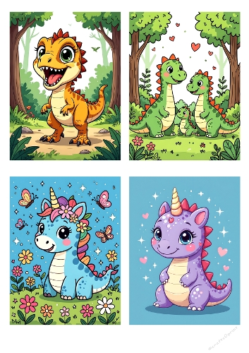 Cute Dinosaurs and Unicorns Clipart – 4 Fantasy Cartoon Illustrations for Crafts