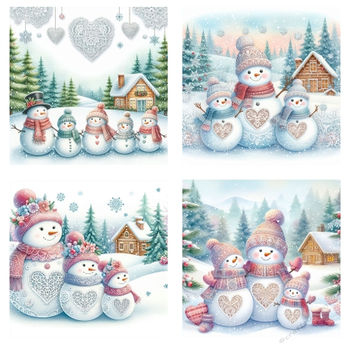 Cheerful Watercolor Snowman Family with Lace Hearts – Winter Holiday Collage