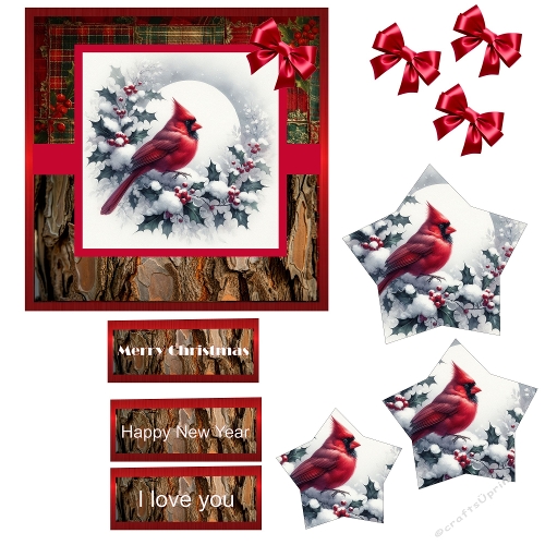 3D Cardinal Christmas Card Kit – Festive Holly, Stars & Bows Design