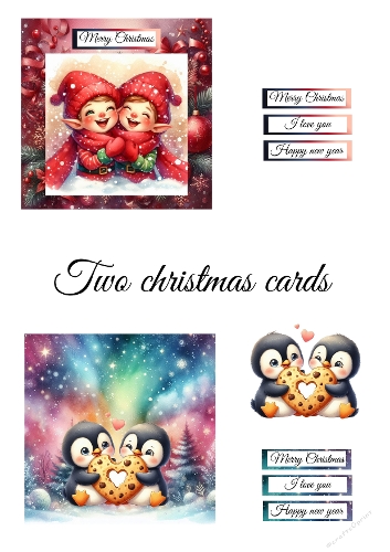 2 Christmas Cards Kit – Hugging Elves & Penguins with Cookie Designs