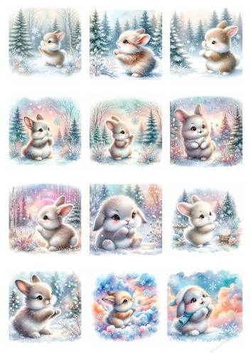 Watercolor Winter Rabbits Collage – 12 Pastel Snowy Cardmaking Designs