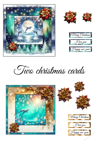 2 Christmas Cards Kit – Dolphins in Snowy Moonlight & Golden Waters