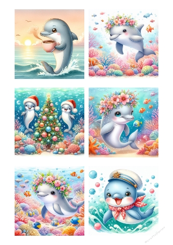 Festive Dolphins Collage – 6 Whimsical Ocean Holiday Cardmaking Designs