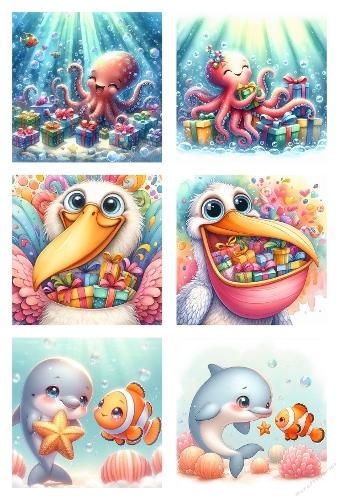 Whimsical Underwater Creatures with Gifts – Fun Marine Clipart for Kids