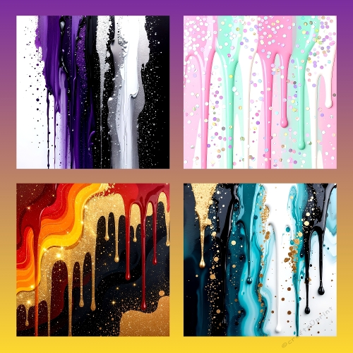 Dripping Paint & Glitter Background Set – Abstract Watercolor Textures