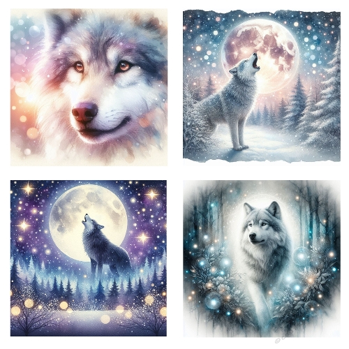 Winter Wolf Watercolor Background Set – Cute Animal Scenes for Christmas & Kids Crafts (JPEG 2000x2000)