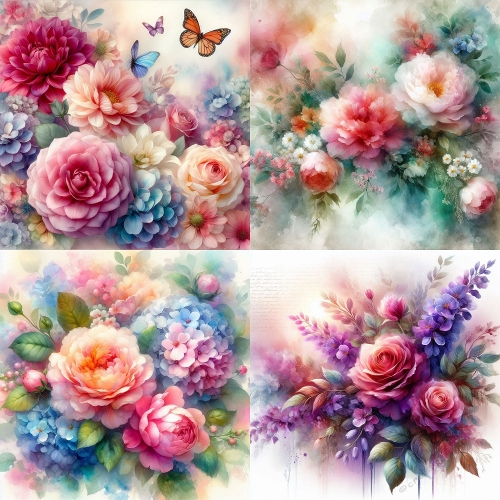 Romantic Floral Watercolor Background Set – Roses & Blooms for Valentines & Mothers Day Crafts