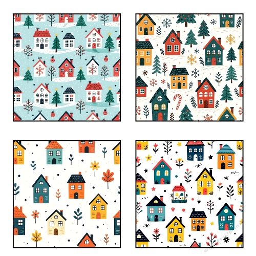 Whimsical Village Collage – 2000x2000 JPEG with 4 Seasonal House Patterns for Holiday Crafts
