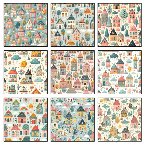 Whimsical House Collage – 2000x2000 JPEG with 9 Fantasy Panels for Kids Crafts & Playful Design