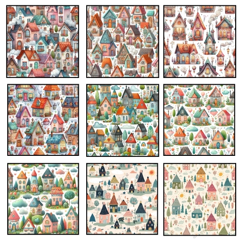 Fantasy Village Collage – 2000x2000 JPEG with 9 Whimsical Panels for Kids Crafts & Storybook Design