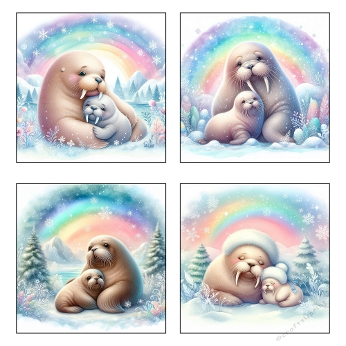 Winter Walrus Collage – 2000x2000 JPEG with 4 Whimsical Panels for Holiday Crafts & Kids Design