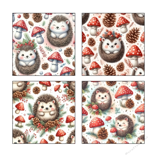 Whimsical Hedgehog Forest Collage – 2000x2000 JPEG with 4 Woodland Panels for Kids Crafts & Nature Design