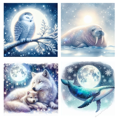 Moonlit Arctic Animal Collage – 2000x2000 JPEG with 4 Magical Panels for Winter Crafts & Fantasy Design