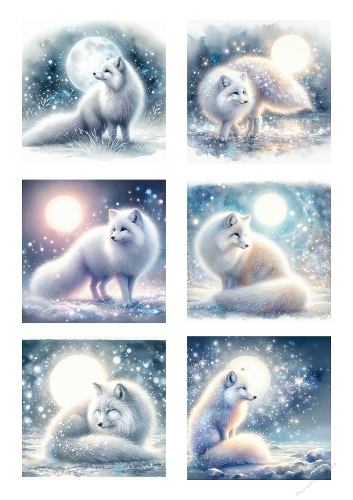 Moonlit White Foxes – A4 JPEG Collage Sheet for Winter Crafts & Mystical Woodland Designs
