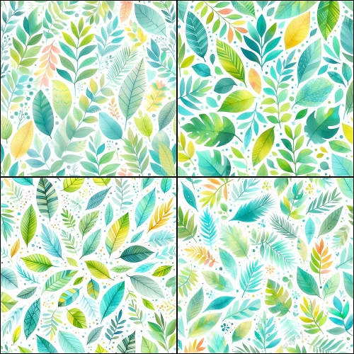 Watercolor Leaf Patterns – 4 Panel Botanical Collage (2000x2000 JPEG) for Nature Crafts & Printables