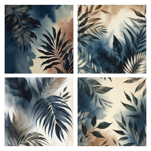 Tropical Elegance – 4 Panel Botanical Collage (2000x2000 JPEG) with Watercolor Backgrounds