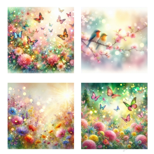 Whimsical Garden Magic – 4 Panel Nature Collage (2000x2000 JPEG) with Flowers, Butterflies & Birds