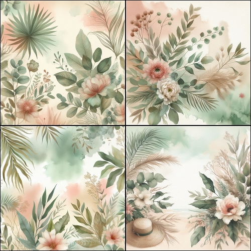 Pastel Tropics – 4 Panel Botanical Collage (2000x2000 JPEG) with Watercolor Flowers, Leaves & Beach Elements