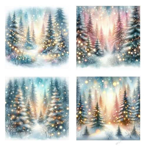 Winter Forest Glow – 4 Panel Snowy Tree Collage (2000x2000 JPEG) with Lights & Falling Snow
