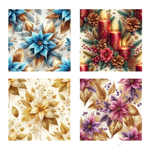 Festive Blooms – 4 Panel Christmas Collage (2000x2000 JPEG) with Poinsettias, Candles & Golden Accents